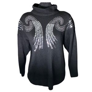 Le Chois 90s Vintage Black Mock Neck Sequin Embellished Sweater Silk Blend Mod